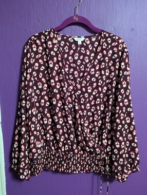 💜 Candie's Burgundy Leopard Print V-Neck Long Sleeve Cropped Blouse XXL 16